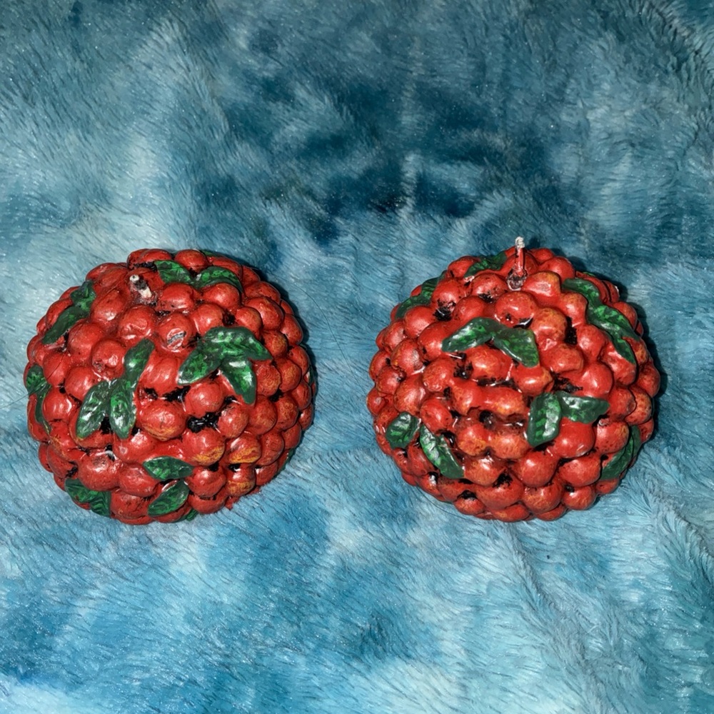Tag Cranberry Red Ball Candles Vtg Holiday Decor Red & Green 3" Bunch lot of 2